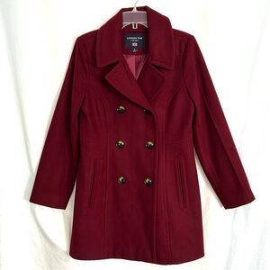 London Fog Red Wool Blend Peacoat Overcoat Women Size 2 Button Up Pockets Lined